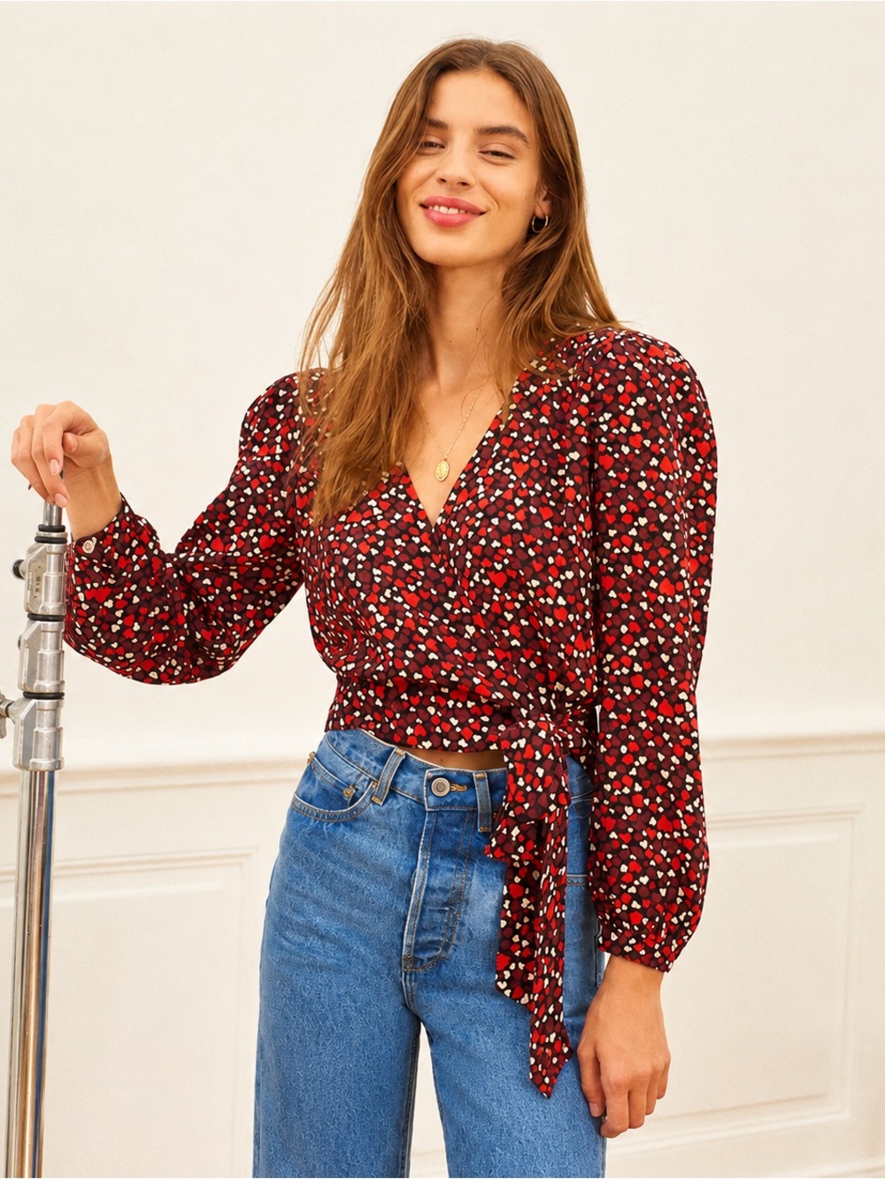 Rouje Paris Heart Print Wrap Top FR 36 US 4 NWT